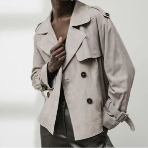 Oakwood Paris Suede Leather Double-Breasted Cropped Trench Jacket